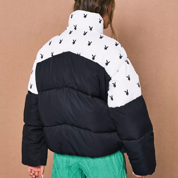 Playboy Jackets \u0026 Coats | Playboy Black Bunny Print Colorblock Puffer Jacket | Color: Black/White | Size: 6 | Sammyerica's Closet